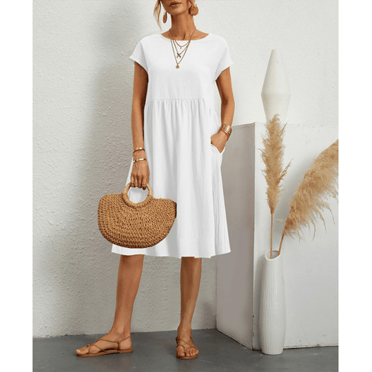 Damen Baumwoll Leinen Midi Kleid