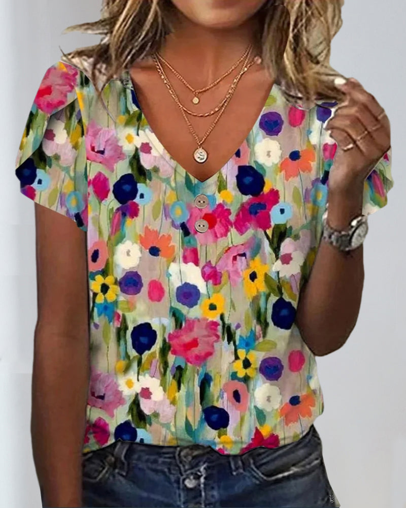 Shopnory | Kurzärmlige Farbenfrohe Blumenbluse mit V-Ausschnitt