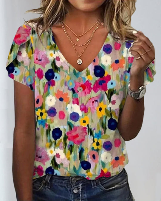 Shopnory | Kurzärmlige Farbenfrohe Blumenbluse mit V-Ausschnitt