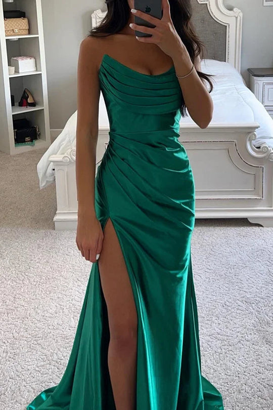 Glänzendes Satin Off-Shoulder Falten Spalte Abend Maxi Kleid
