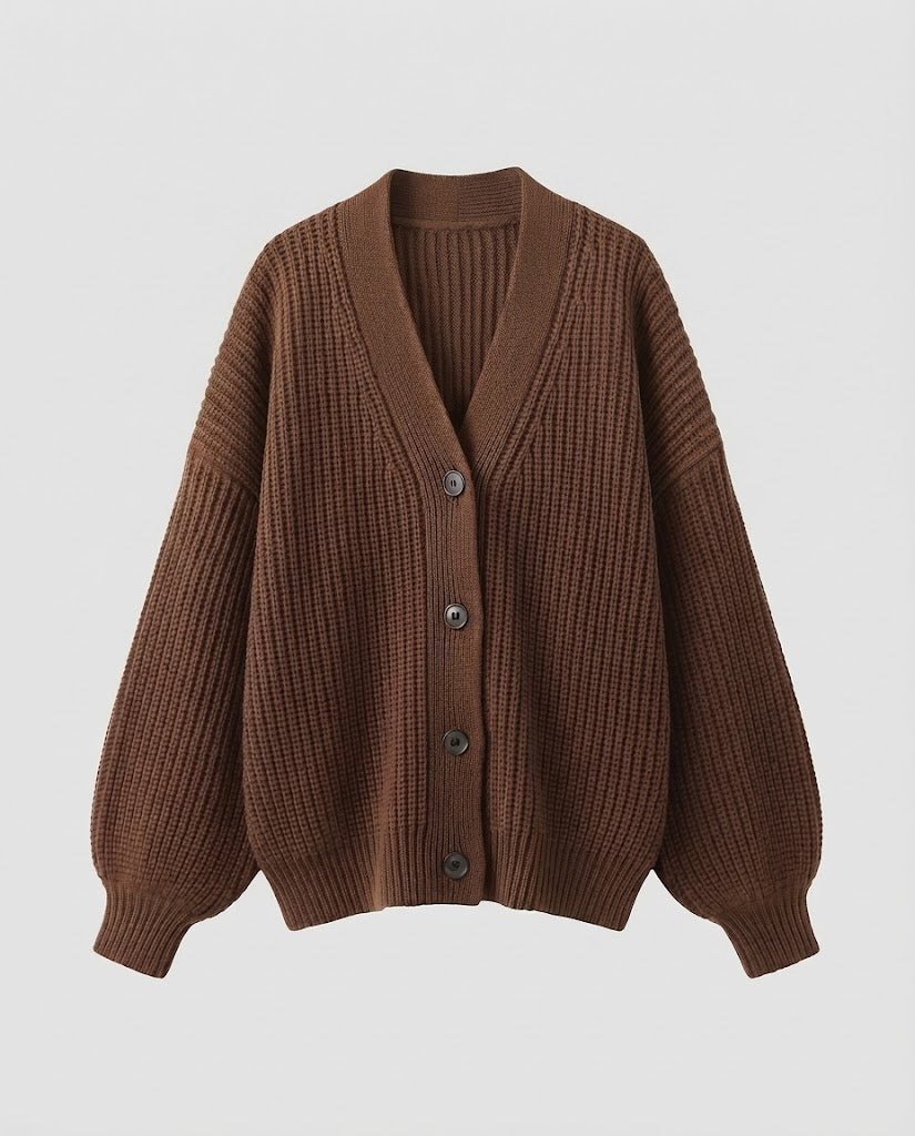 Damen Oversize-Rippstrick-Cardigan mit tiefem V-Ausschnitt, voluminösen Ärmeln und breiter Knopfleiste Shop Nory