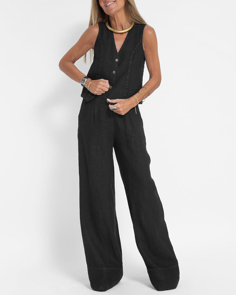 Elegantes 2-Teiliges Set Leinen Weite Hose & Weste