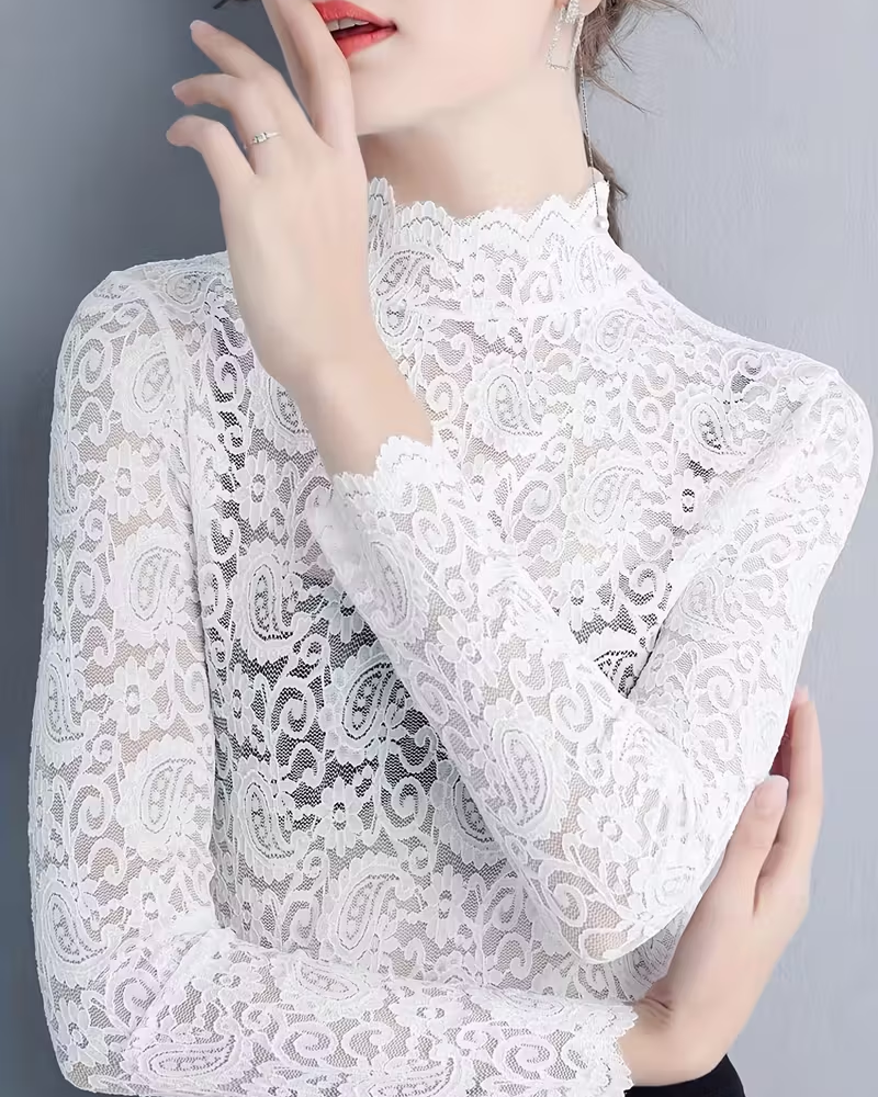 Elegant Unifarben Halbausschnitt Langarm Spitze
