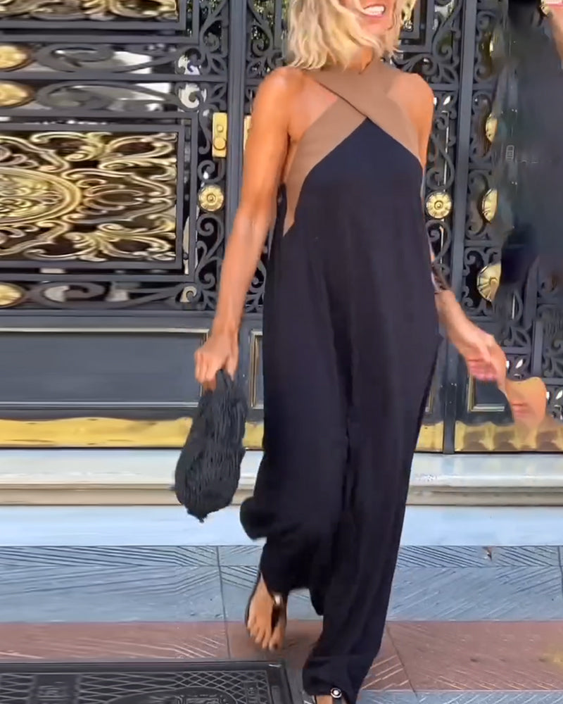 Kreuzförmig Rückenfreies Elegantes Kleid mit Kontrastfarbe