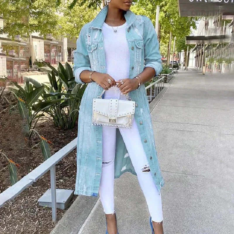Trenchcoat Denim Relaxed Fit Distressed Vollständig Button Front