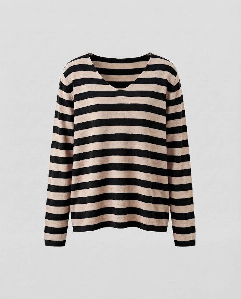 Damen Gestreifter Feinstrickpullover mit V‑Ausschnitt und lässiger Oversize‑Passform Shop Nory