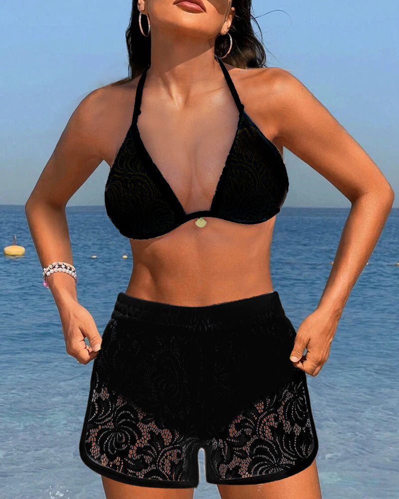 Shopnory | Weißer Bikini mit Spitzen-Shorts