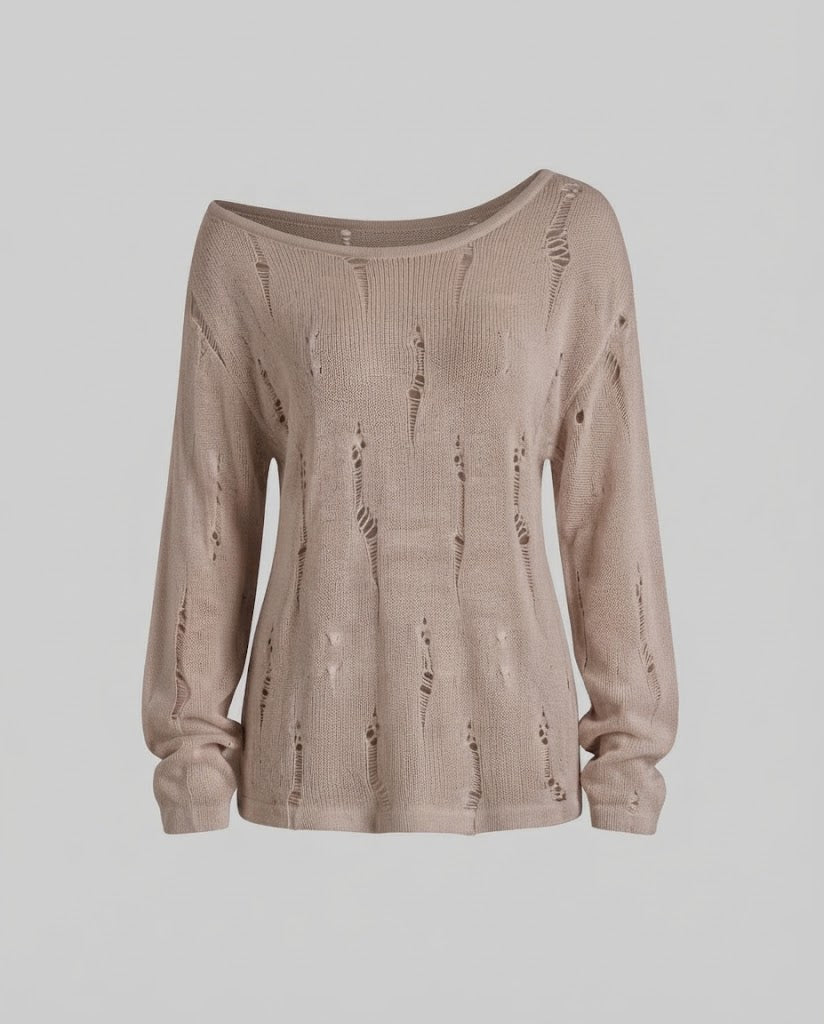 Damen Lässiger Off-Shoulder Feinstrickpullover mit Destroyed‑Optik und weiter Silhouette Shop Nory