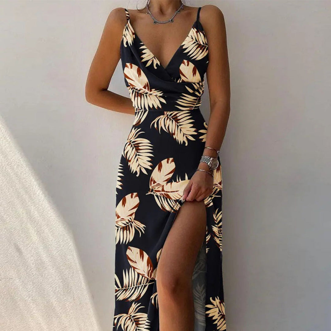 Kleid mit Hosenträgern und V-Ausschnitt mit geteiltem Print