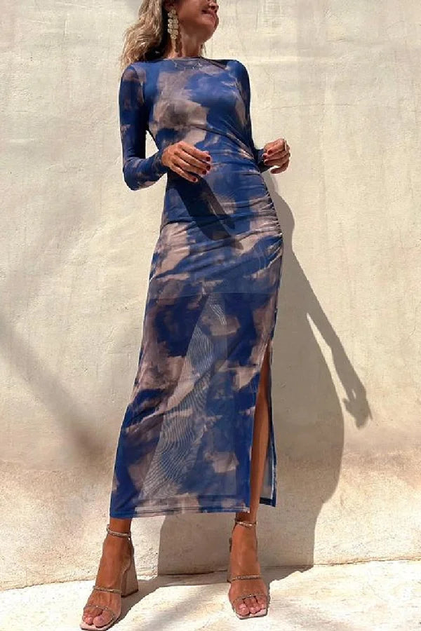 Charm Lady Mesh Overlay Tie Dye Print Langarm Rüsch Stretch Midi Kleid