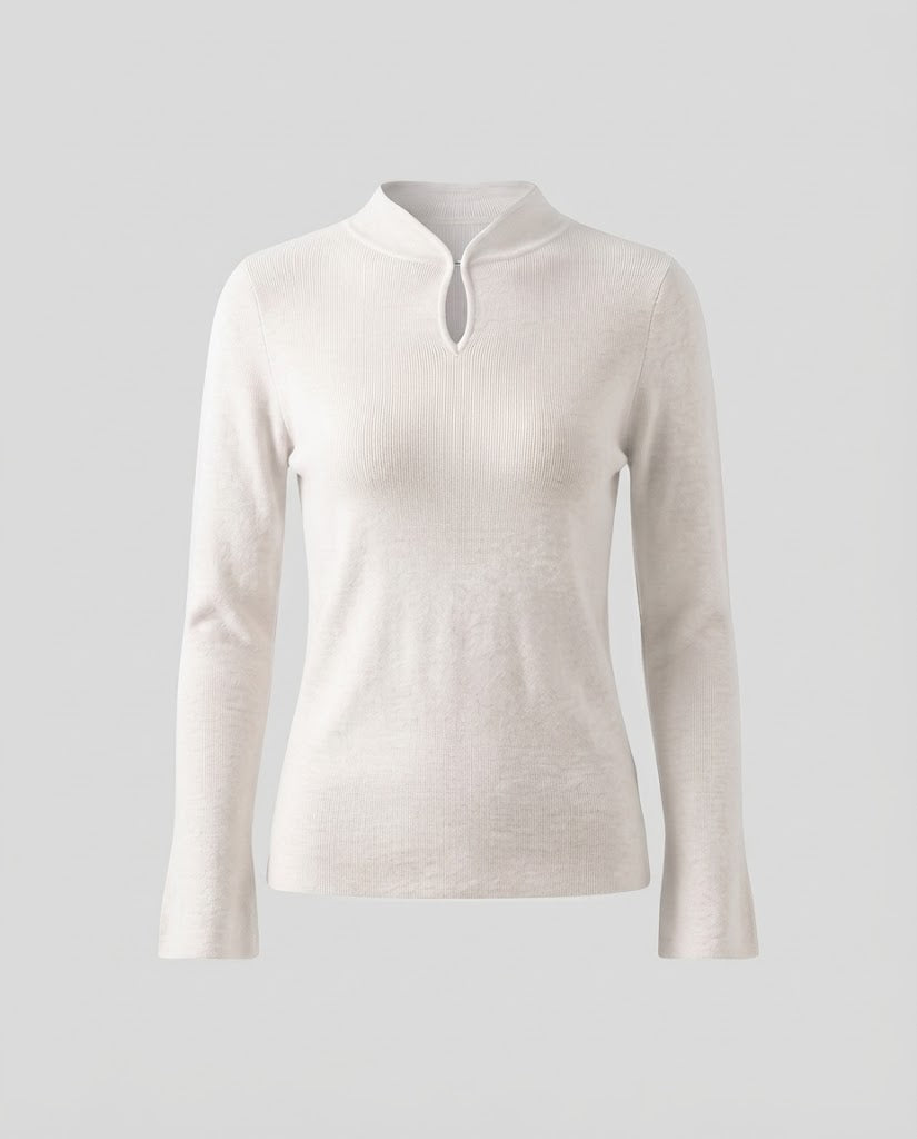 Damen Feinstrick-Longsleeve mit kurzem Stehkragen Schlitzknopf und ausgestelltem Ärmelsaum Shop Nory