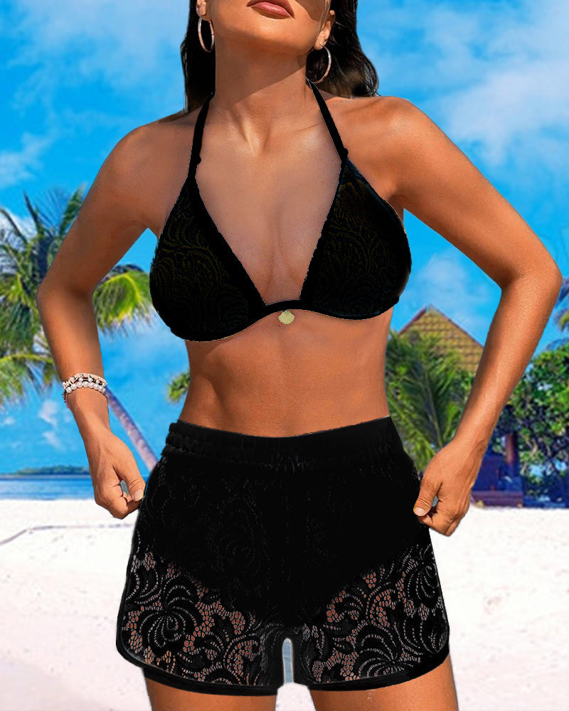 Shopnory | Weißer Bikini mit Spitzen-Shorts