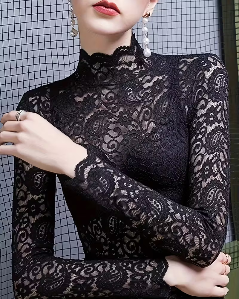 Elegant Unifarben Halbausschnitt Langarm Spitze