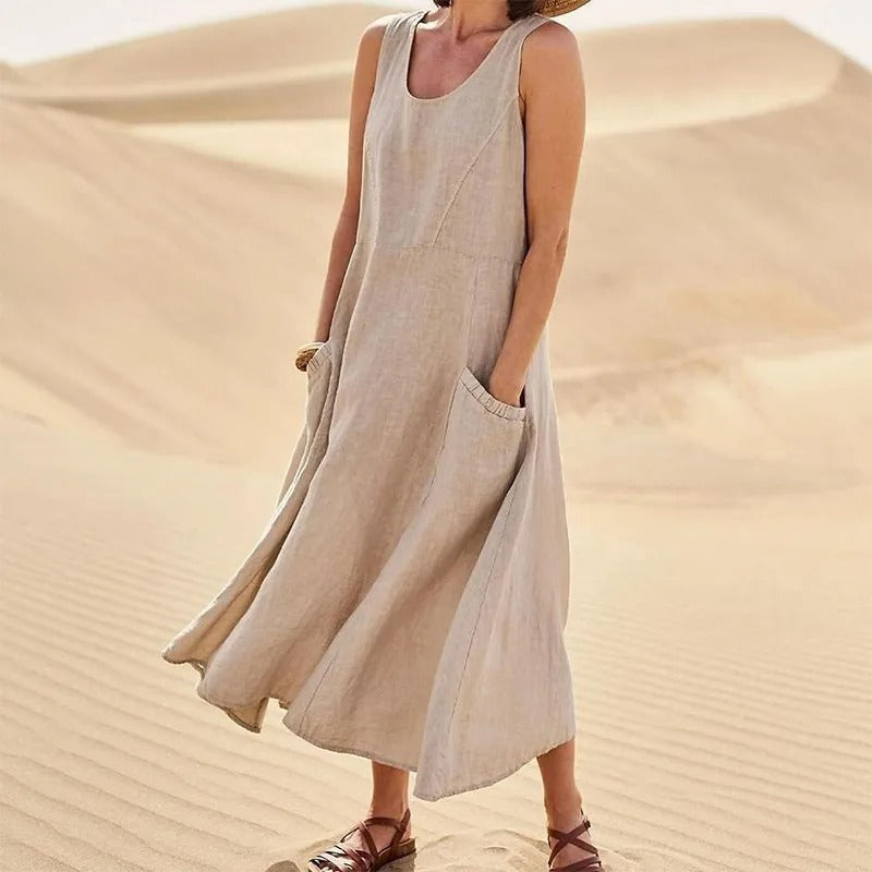 Leinen-Baumwoll-Ärmelloses Kleid für Frauen