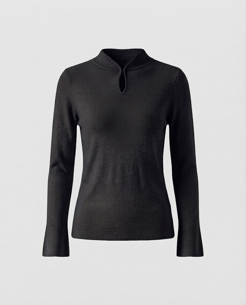 Damen Feinstrick-Longsleeve mit kurzem Stehkragen Schlitzknopf und ausgestelltem Ärmelsaum Shop Nory
