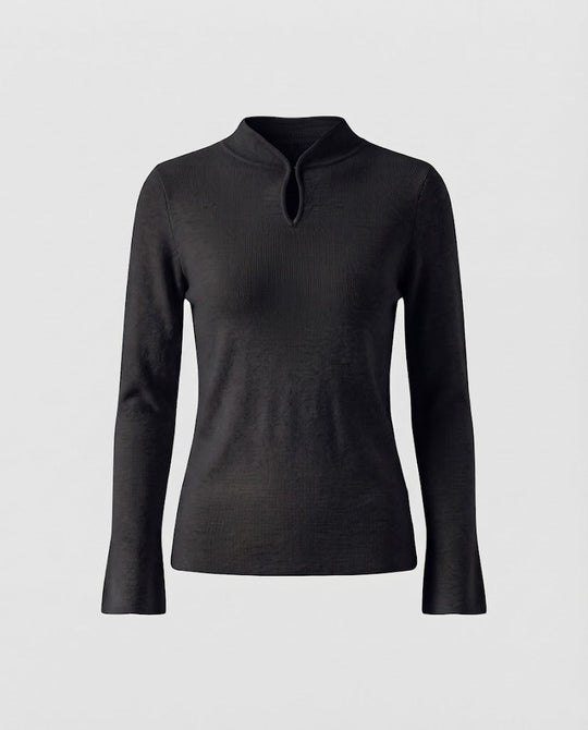 Damen Feinstrick-Longsleeve mit kurzem Stehkragen Schlitzknopf und ausgestelltem Ärmelsaum Shop Nory