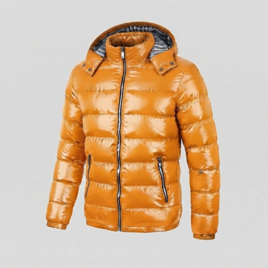 Herren Glänzende Steppjacke mit Kapuze, Gestreiftem Innenfutter & Kontrastreißverschlüssen Shop Nory