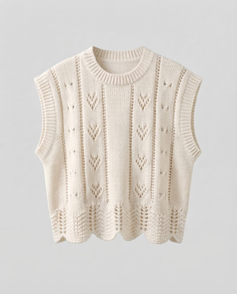 Damen Gestrickte Ajour-Ärmellose Weste mit Muschelsaum Shop Nory