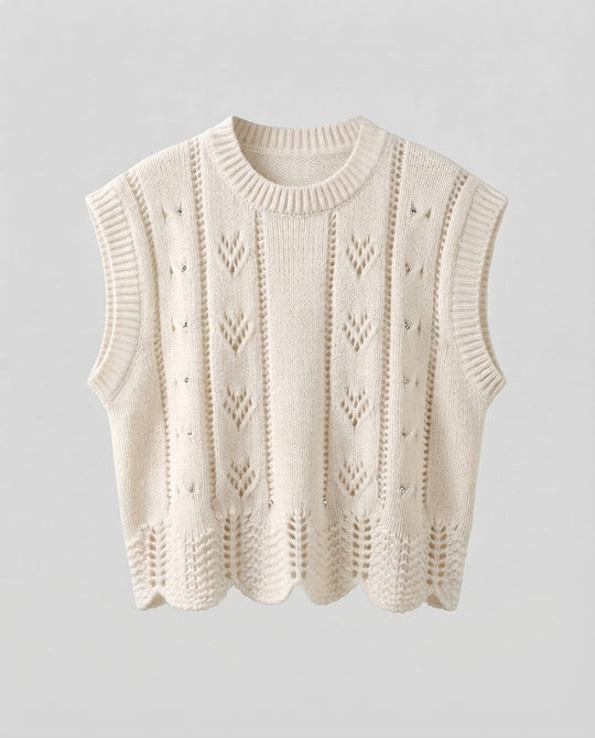 Damen Gestrickte Ajour-Ärmellose Weste mit Muschelsaum Shop Nory