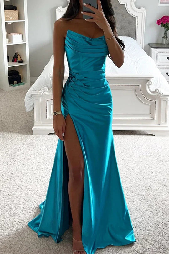 Glänzendes Satin Off-Shoulder Falten Spalte Abend Maxi Kleid