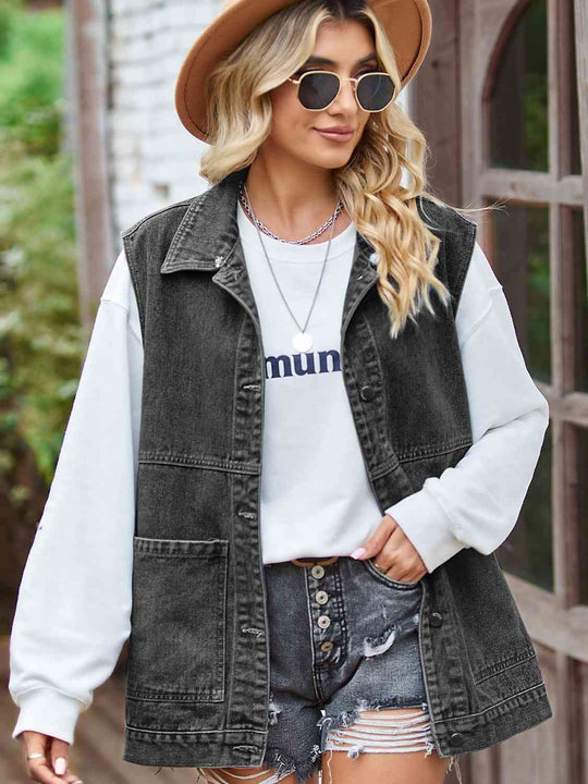 Knopf-Front Ärmellose Jeansjacke