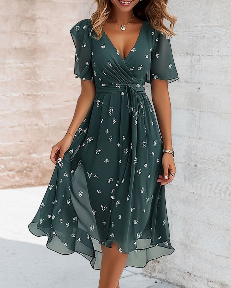 Elegantes Bedrucktes Kleid mit V-Ausschnitt und Krawatte