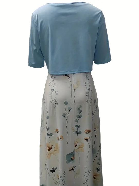 Shopnory – elegantes zweiteiliges blumenkleid-set mit einfarbigem crop-top und kleid mit rundhalsausschnitt