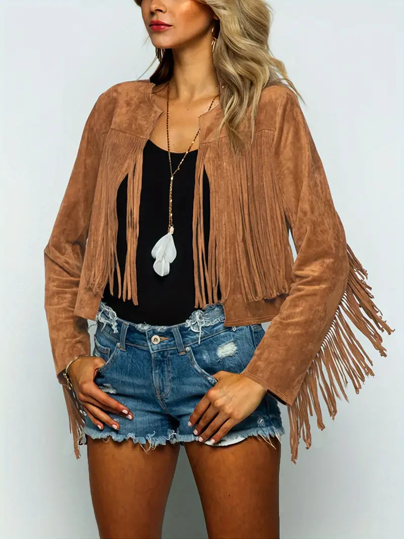 Offene Jacke mit Fransen Saum Im Wildleder Look