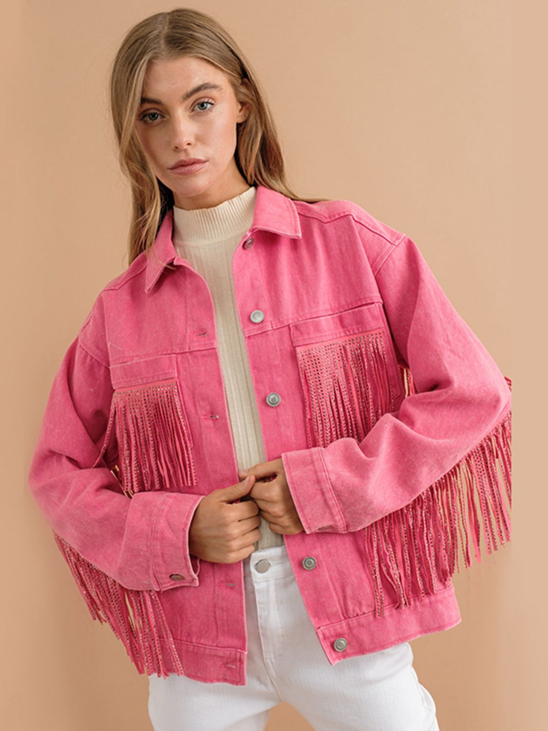 Fransen-Detail Gefallene Schulter Denimjacke