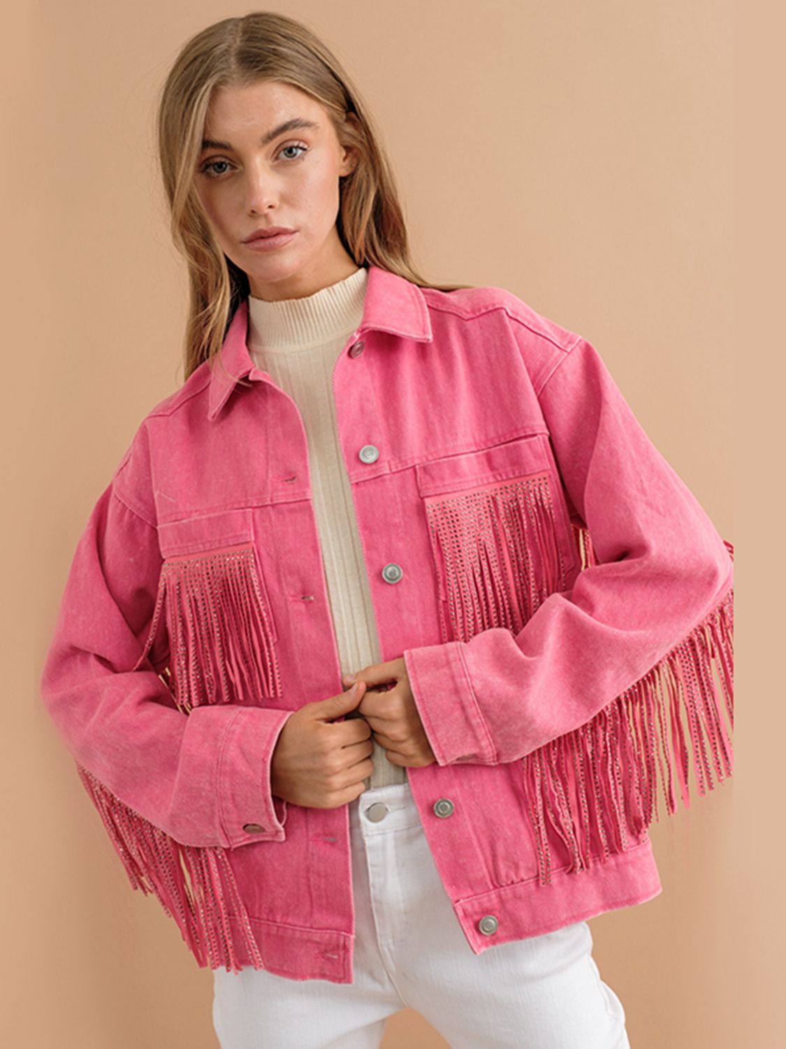 Fransen-Detail Gefallene Schulter Denimjacke