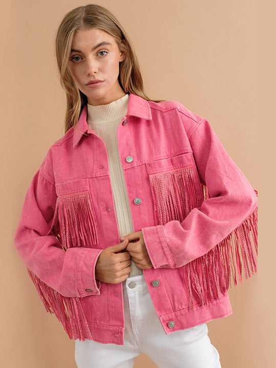 Fransen-Detail Gefallene Schulter Denimjacke