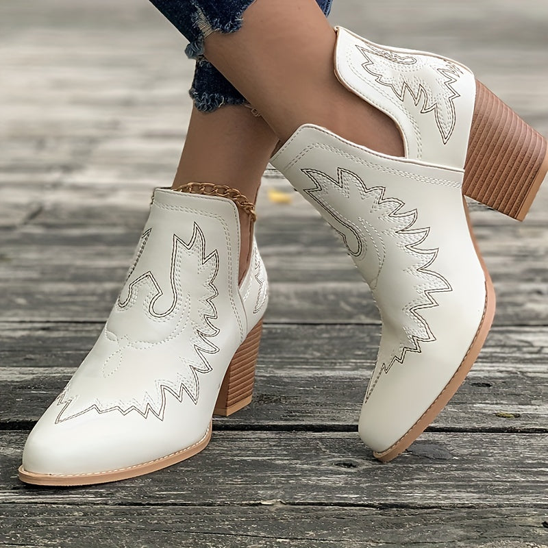 Damen Westernstiefel mit Blockabsatz und Retro-Stickerei