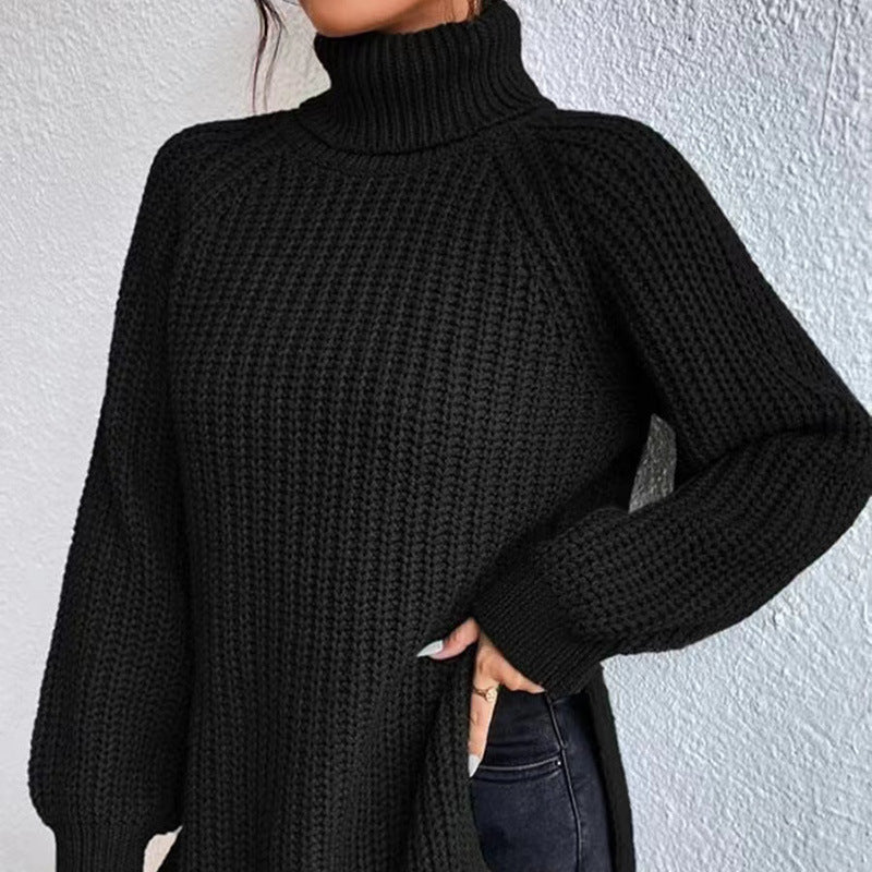 Damen-Strickpullover, mittellang mit hohem Kragen