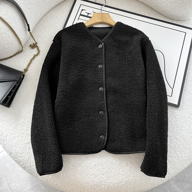 Warme Lammfleece-Strickjacke mit Rundhalsausschnitt für Damen