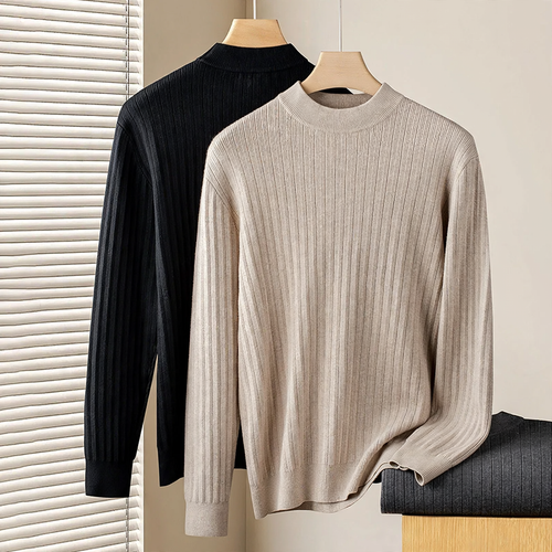 Herren-Strickpullover aus Wolle und Lyocell, Stehkragen