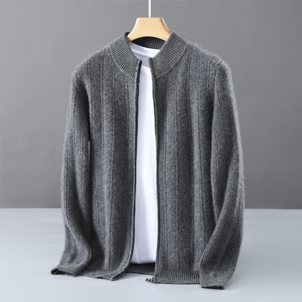 Herren-Wollstrickjacke, Stehkragen, Reißverschluss, Jacquard-Muster