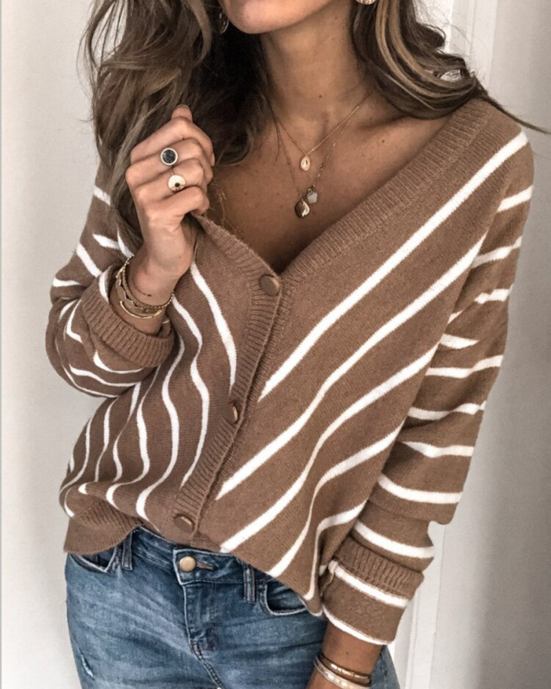 Shopnory | Cardigan Strickweiche Qualität V-Ausschnitt Knopfverschluss Gestreiftes Design Lange Ärmel