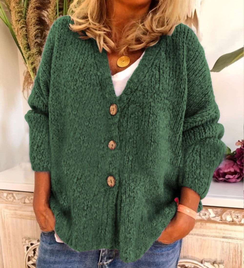 Shopnory | Woll Übergröße Strickjacke V-Ausschnitt Knopf Vorder Strickjacke