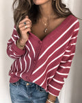 Shopnory | Cardigan Strickweiche Qualität V-Ausschnitt Knopfverschluss Gestreiftes Design Lange Ärmel