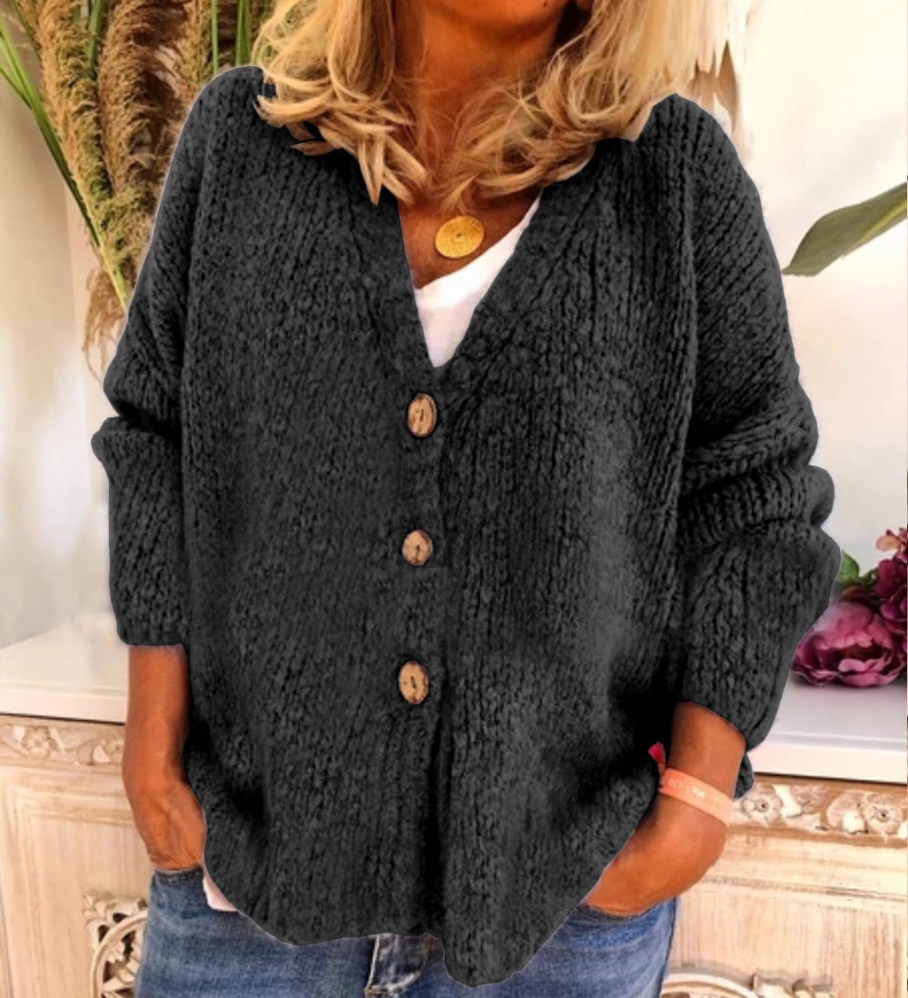 Shopnory | Woll Übergröße Strickjacke V-Ausschnitt Knopf Vorder Strickjacke