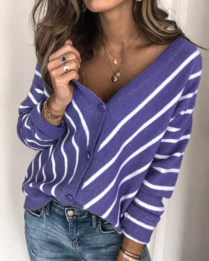 Shopnory | Cardigan Strickweiche Qualität V-Ausschnitt Knopfverschluss Gestreiftes Design Lange Ärmel