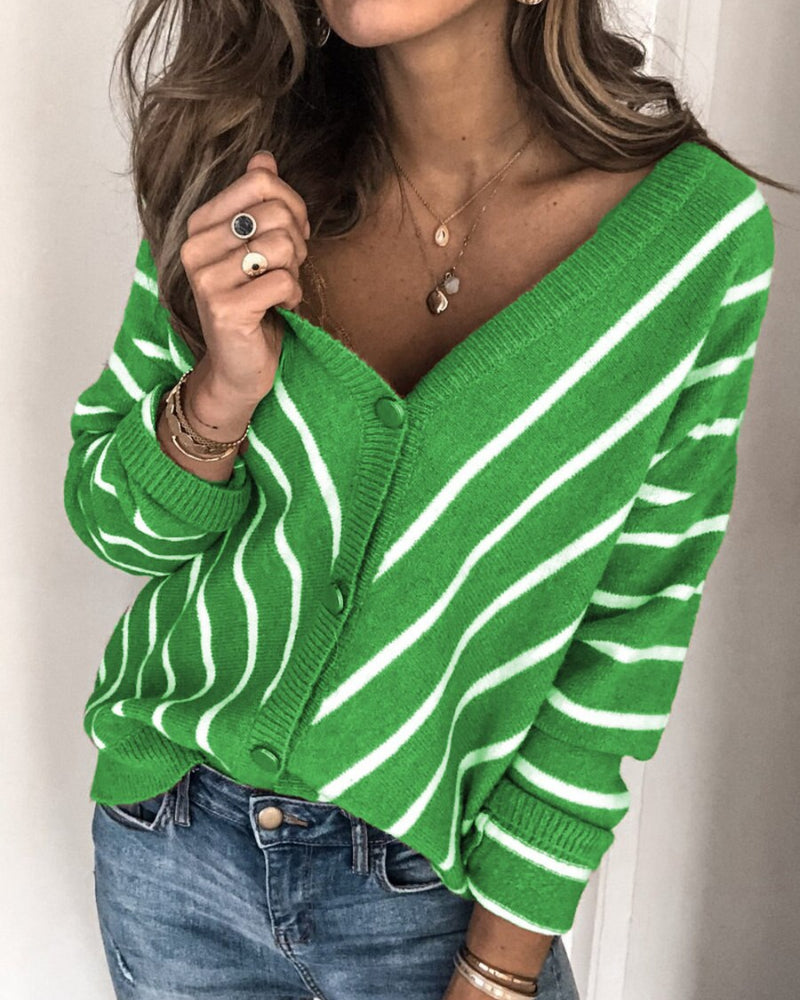 Shopnory | Cardigan Strickweiche Qualität V-Ausschnitt Knopfverschluss Gestreiftes Design Lange Ärmel