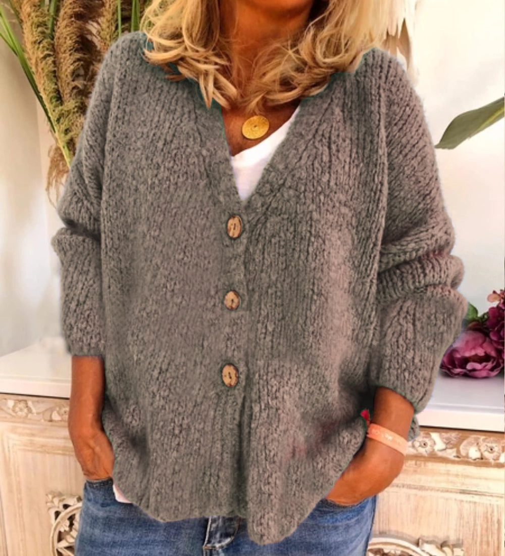 Shopnory | Woll Übergröße Strickjacke V-Ausschnitt Knopf Vorder Strickjacke