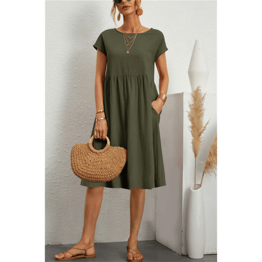 Damen Baumwoll Leinen Midi Kleid