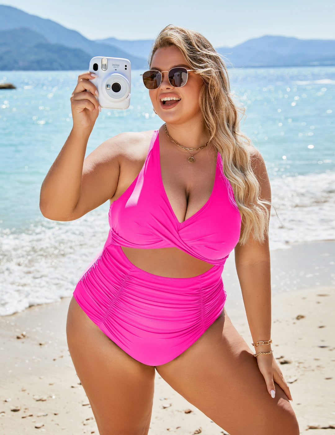 Damen Einteiler Badeanzüge Push Up Bauchkontrolle Badeanzüge V-Ausschnitt Cutout Anständige Bademode