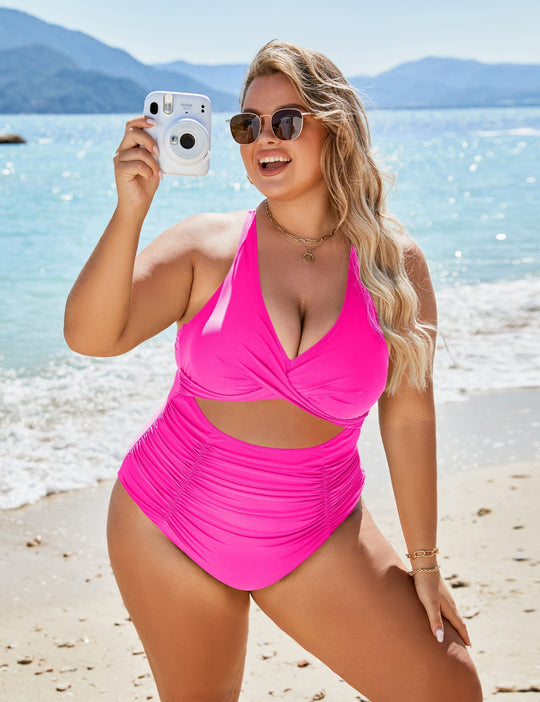 Damen Einteiler Badeanzüge Push Up Bauchkontrolle Badeanzüge V-Ausschnitt Cutout Anständige Bademode