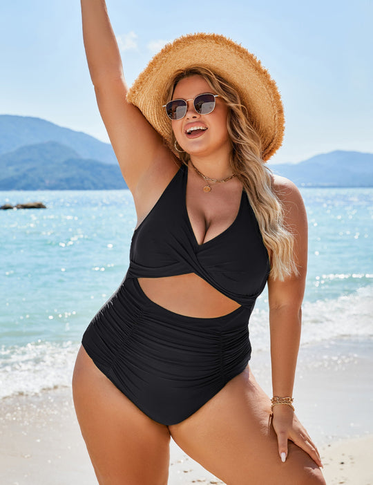 Damen Einteiler Badeanzüge Push Up Bauchkontrolle Badeanzüge V-Ausschnitt Cutout Anständige Bademode