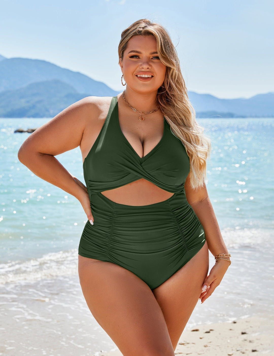 Damen Einteiler Badeanzüge Push Up Bauchkontrolle Badeanzüge V-Ausschnitt Cutout Anständige Bademode