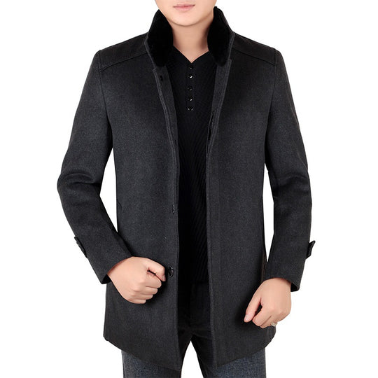 Herren Eleganter Wollmix-Kurzmantel mit hochschließendem Pelzkragen und verdeckter Knopfleiste Shop Nory