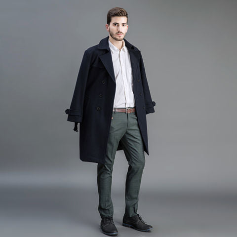 Herren Wollmantel im Trench-Look mit doppelter Knopfleiste und Schalkragen Shop Nory